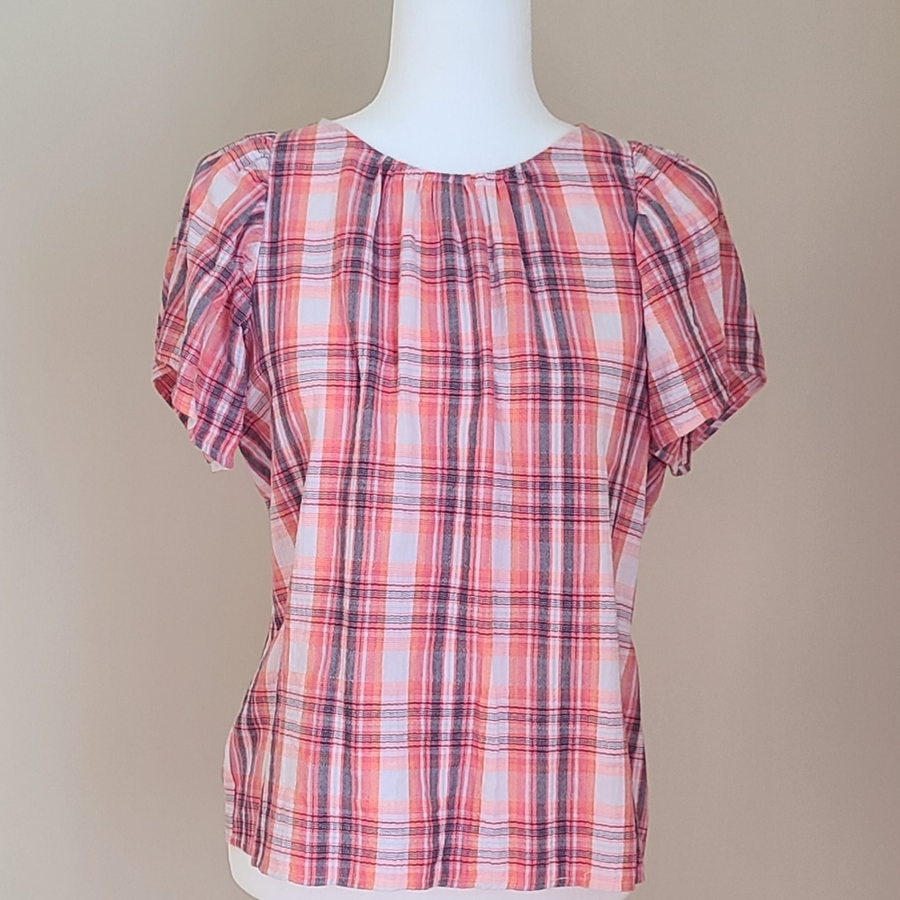 NWOT Loft Orange Plaid Gauzy Cotton Blouse Flutter Sleeve Size Small